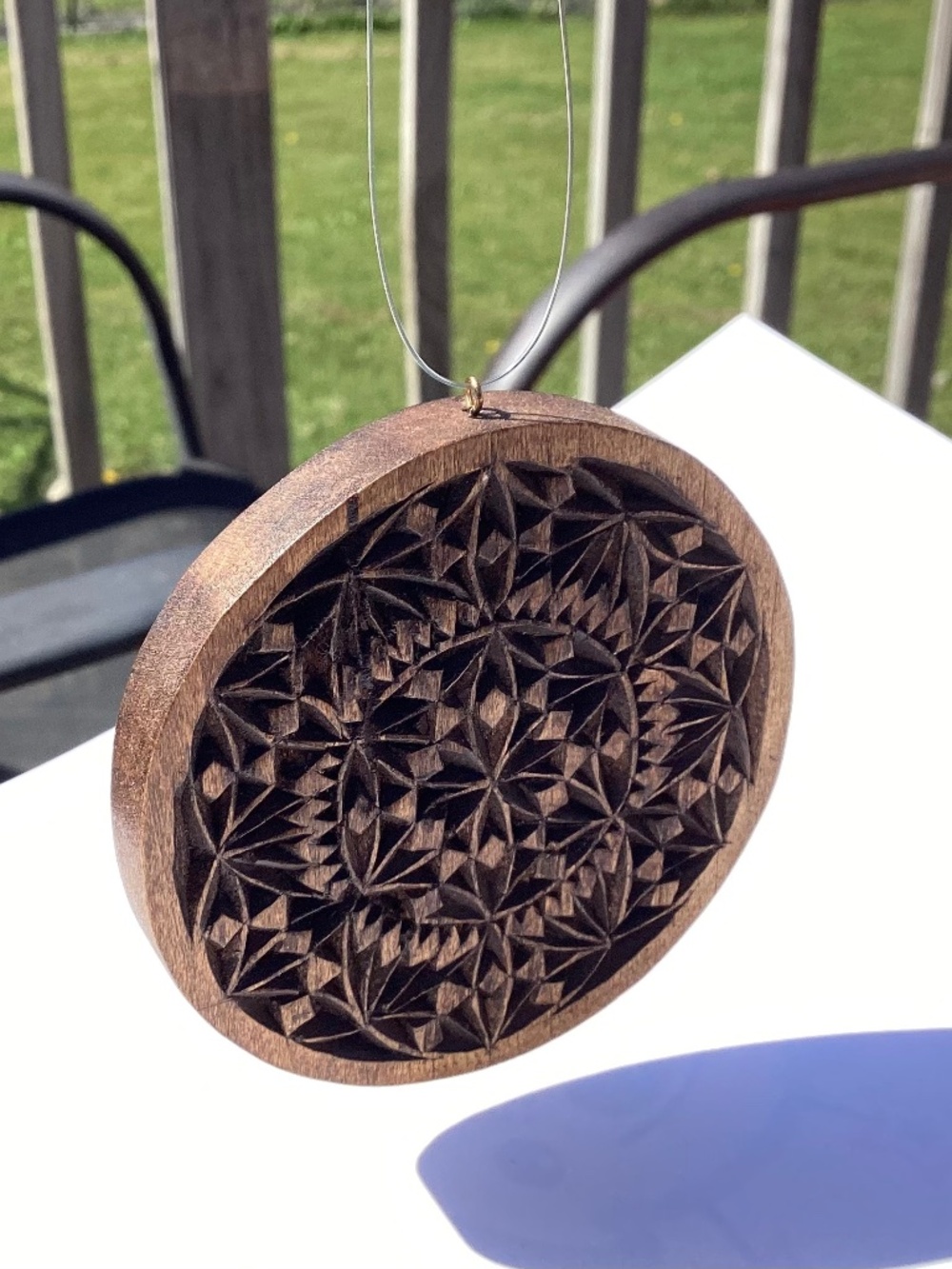 Hand carved wooden ornament, window hanging decor.